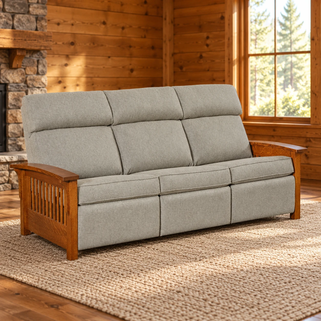 Orchard Ridge Quarter Sawn White Oak Wall-Hugger Reclining Sofa in a cabin living room