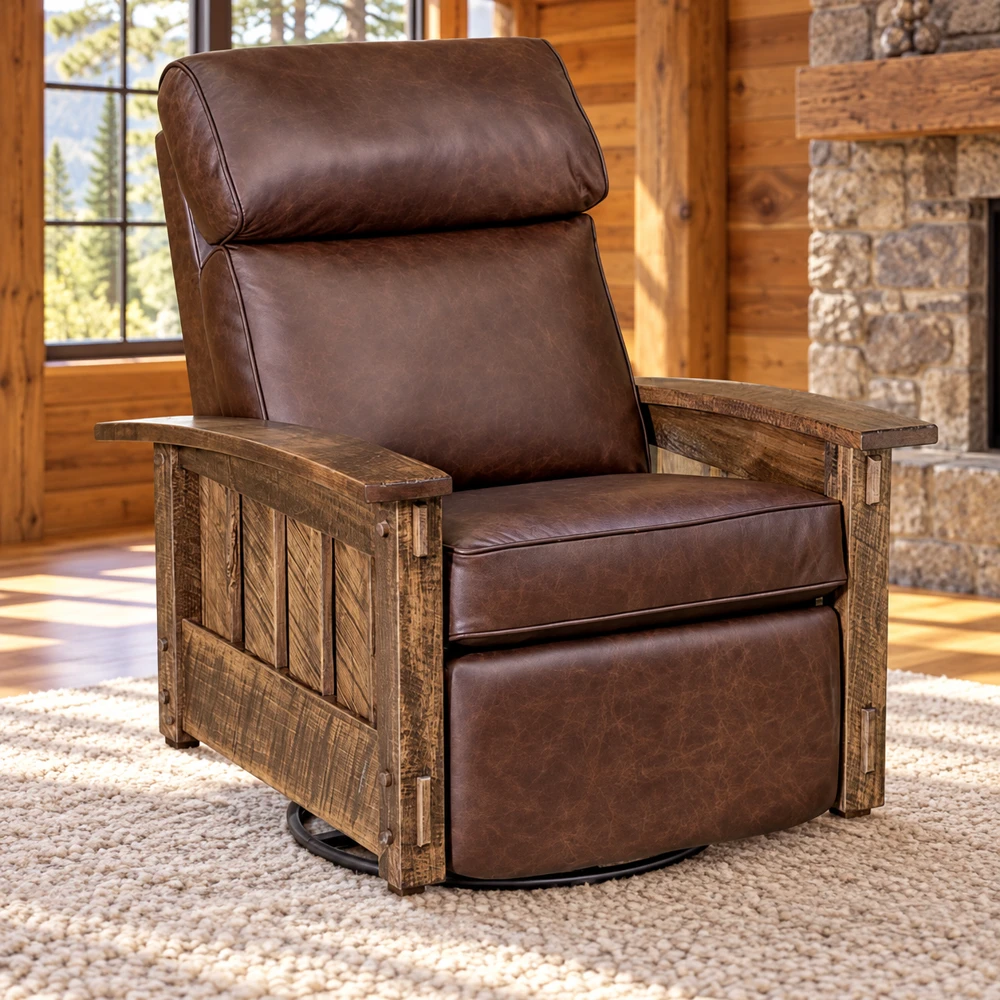 Ridge Haven Inset-Panel Swivel Glider Recliner in a cabin