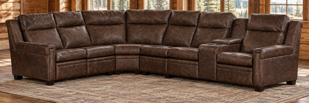 Hearthstone Six-component reclining sectional with tilt headrests and storage console in a cabin