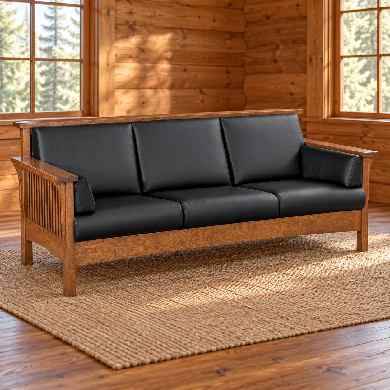 Timber Crest Quarter Sawn White Oak Slat Sofa in a cabin living room