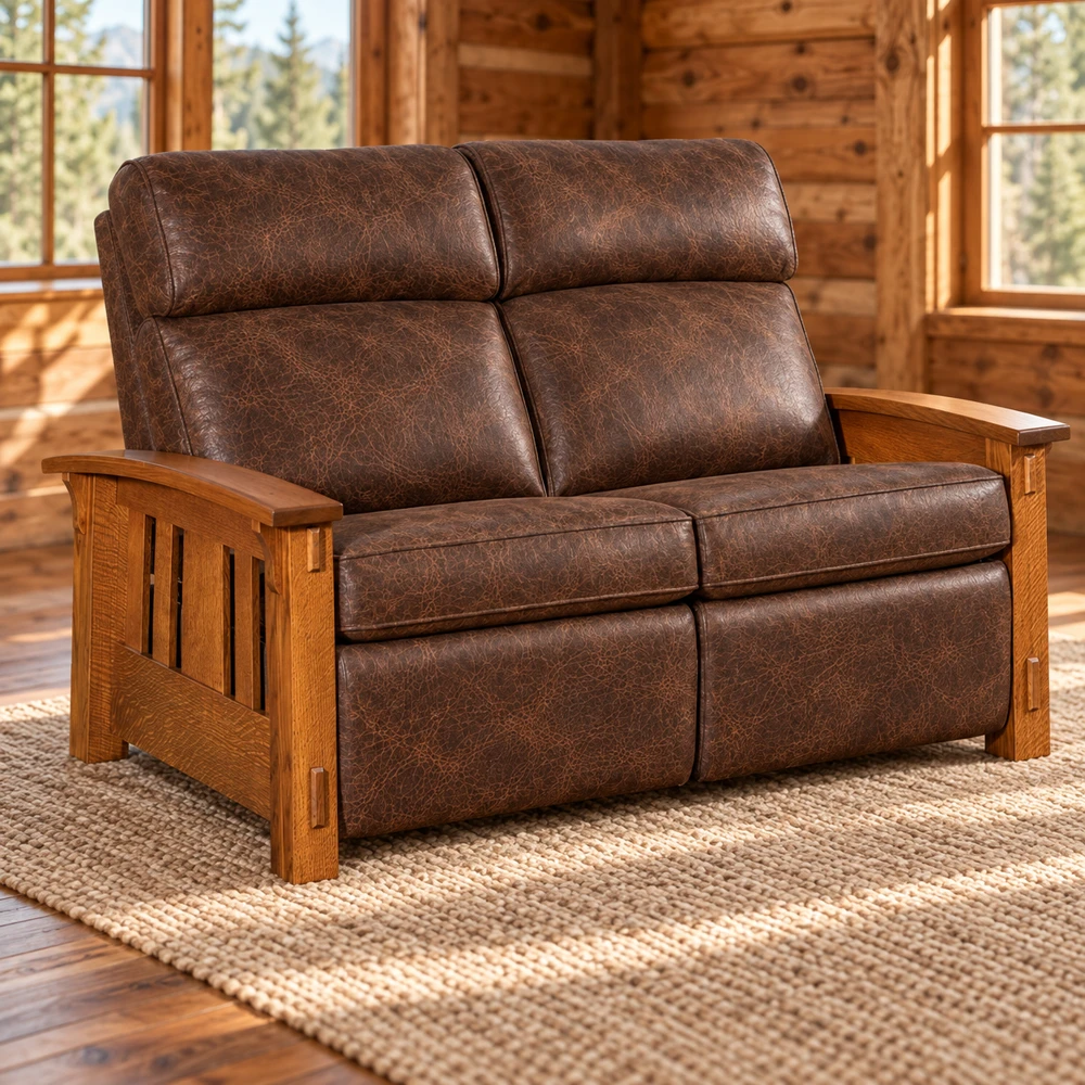 Canyon Forge Inset-Panel Wall-Hugger Loveseat Recliner in a cabin