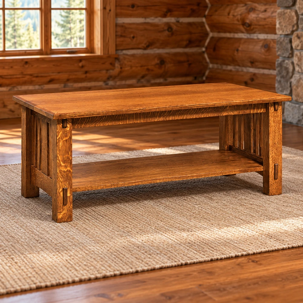 Canyon Forge 48-Inch Rectangular Coffee Table in a cabin