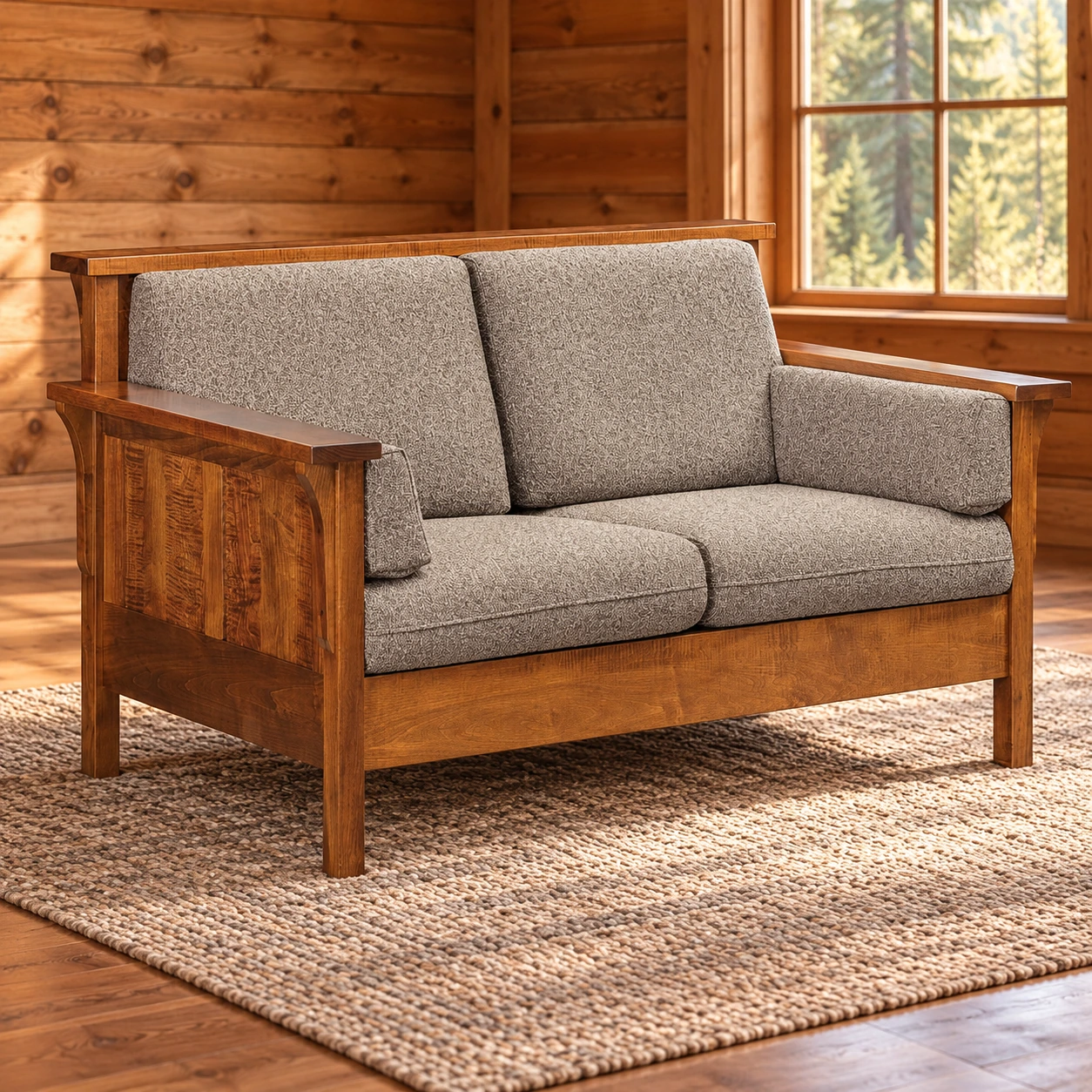 Timber Crest Brown Maple Panel Loveseat in a cabin living room