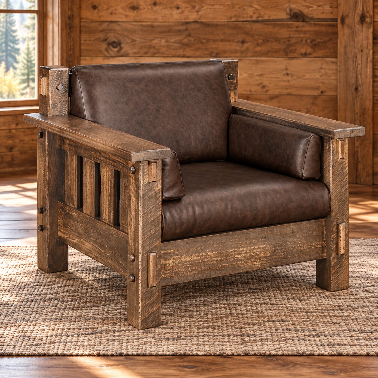 Ridge Haven Roughsawn Brown Maple Leather Chair in a cabin living room
