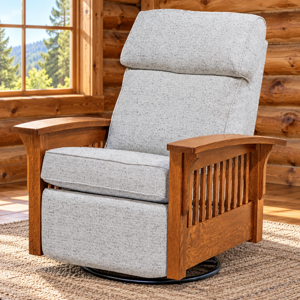 Prairie Bend Quarter Sawn White Oak Stockton Swivel Rocker Recliner in a cabin living room