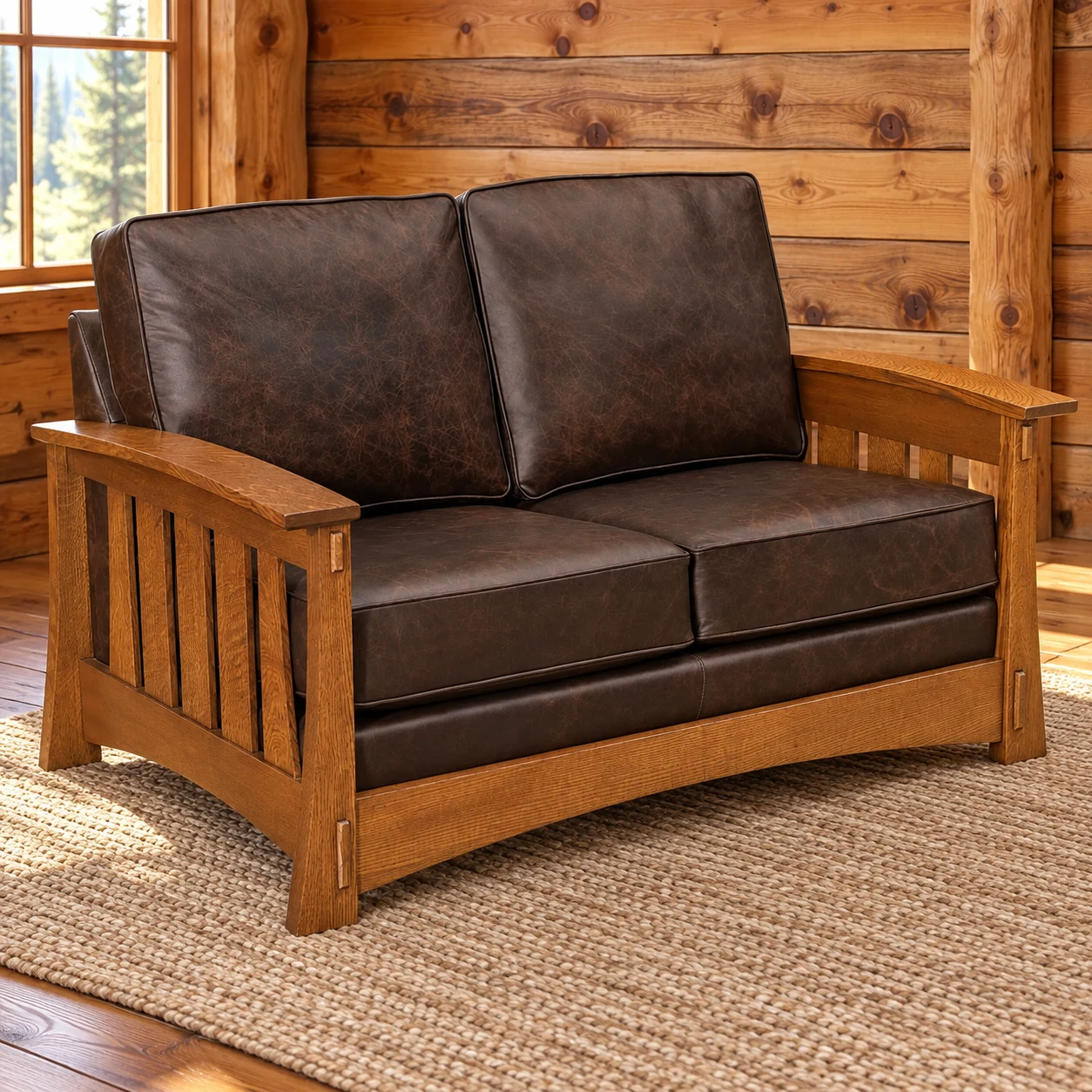 Fern Terrace Quarter Sawn White Oak Deep-Seat Leather Loveseat in a cabin living room