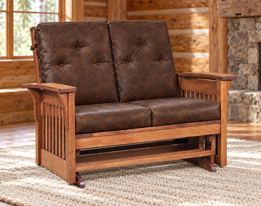 Walnut Hollow Slat Loveseat Glider in a cabin