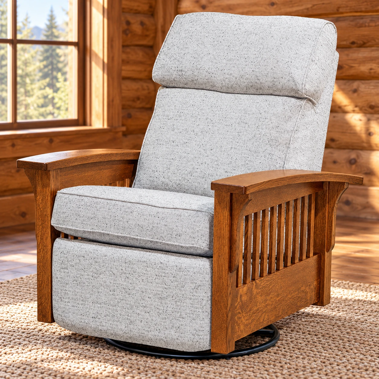 Prairie Bend Quarter Sawn White Oak Stockton Glider Recliner Swivel in a cabin living room