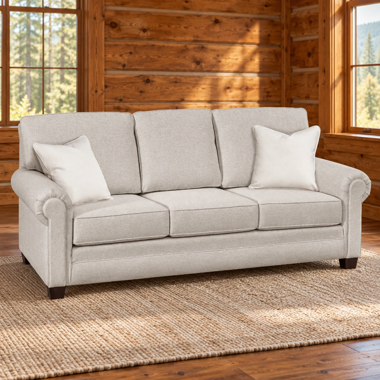 Willow Glen Panel Fabric Sofa in a cabin living room
