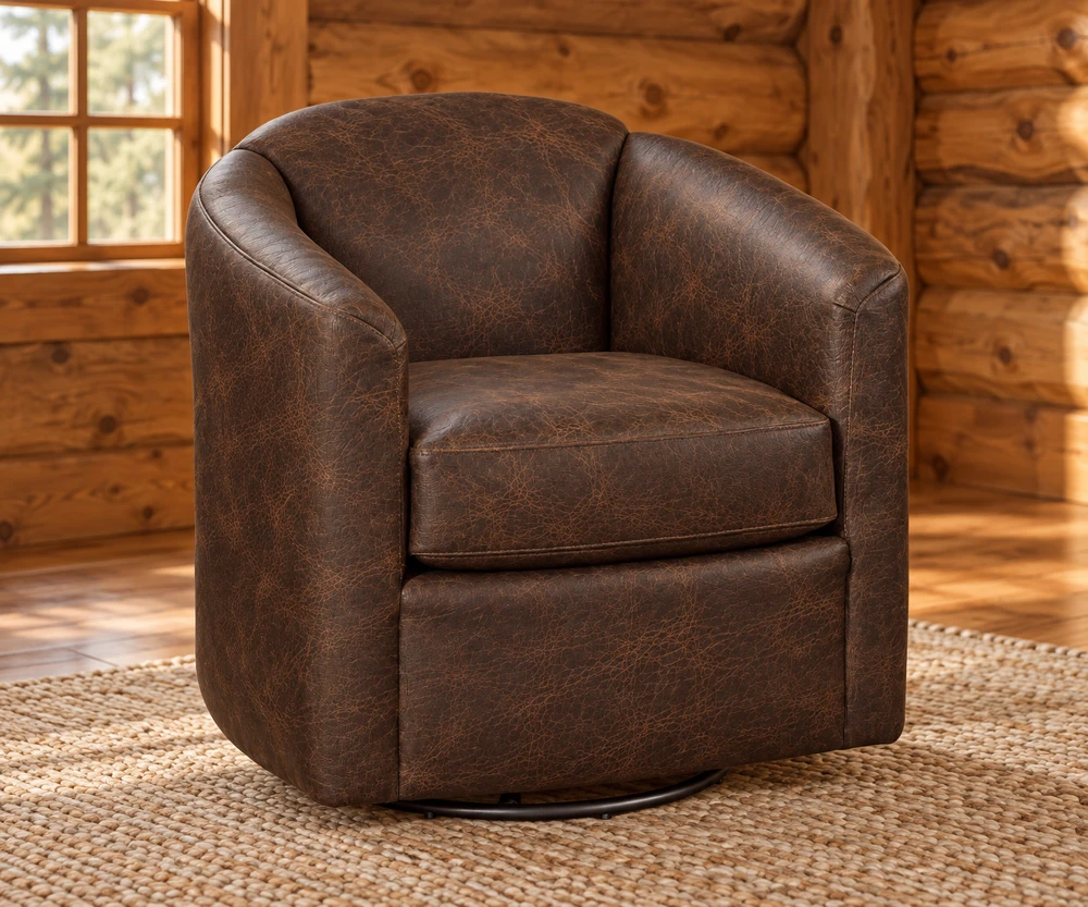 Cedar Landing Swivel Glider Chair in a cabin