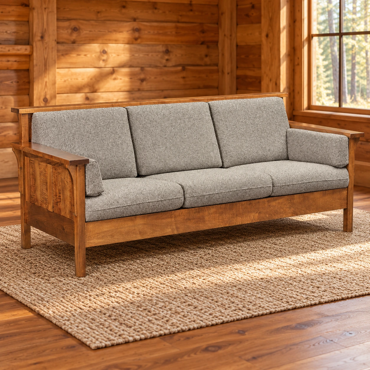 Timber Crest Brown Maple Panel Sofa in a cabin living room