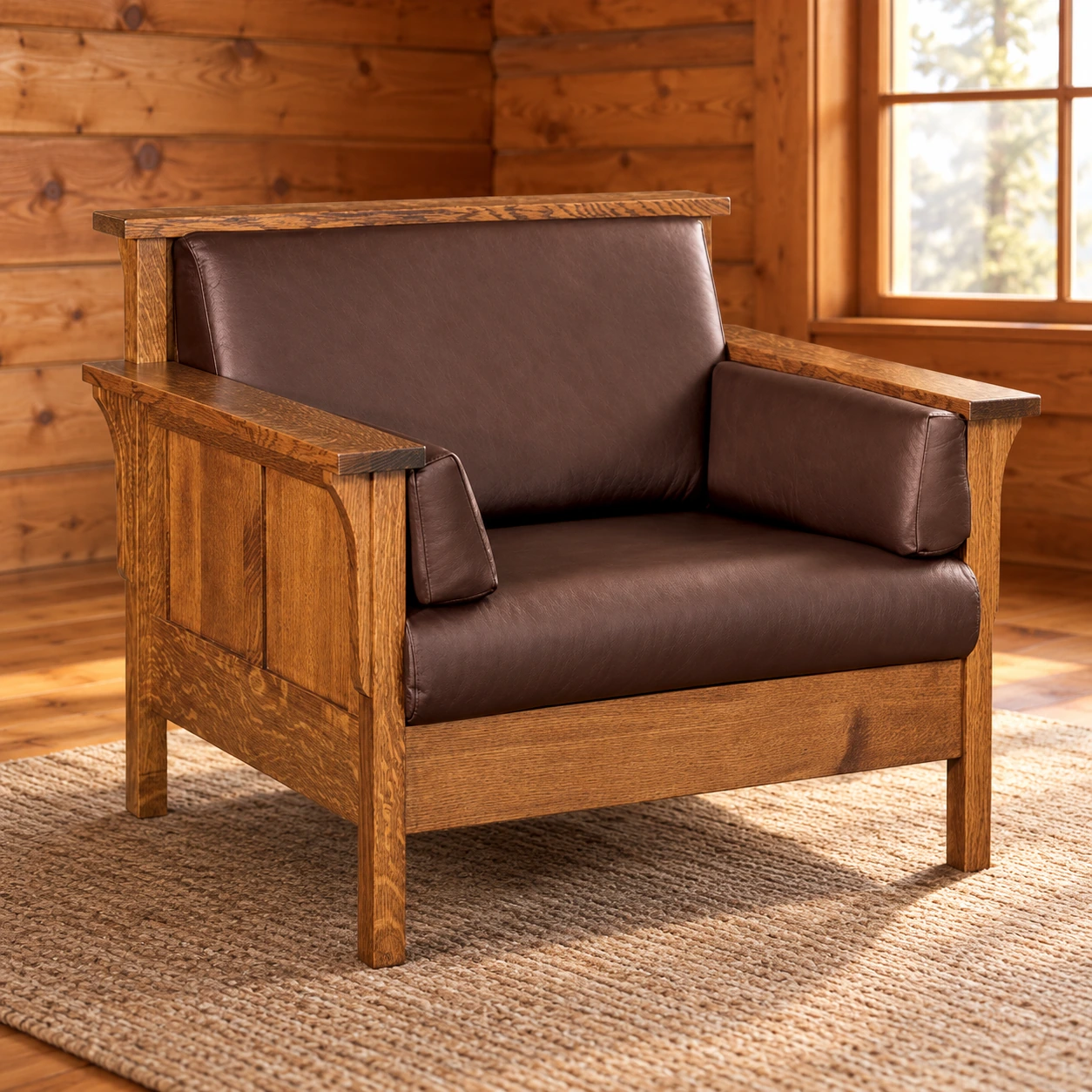 Timber Crest Quarter Sawn White Oak Panel Chair in a cabin living room