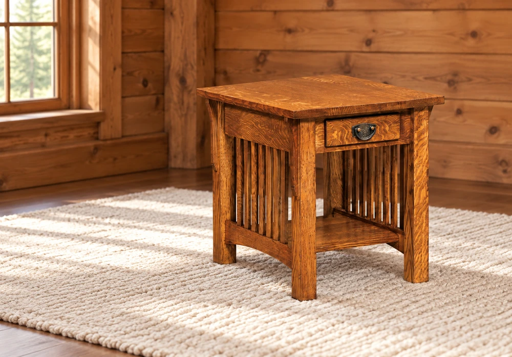 Cedar Crossing 16-Inch Panel End Table in a cabin