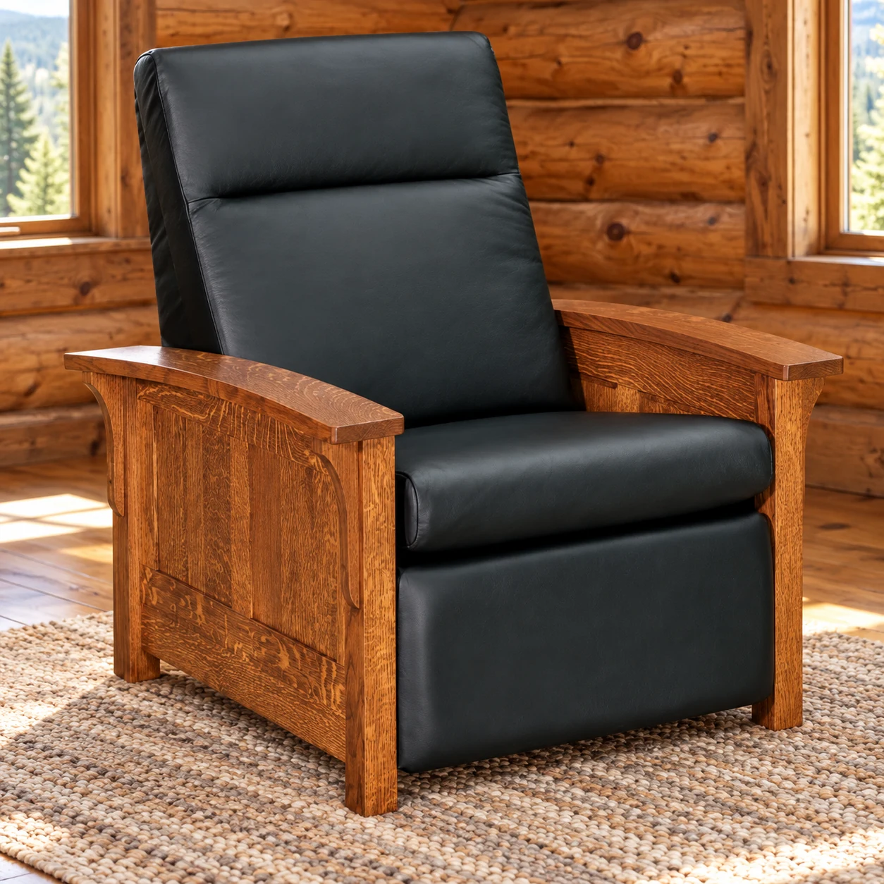 Summit Hollow Quarter Sawn White Oak Panel Wall-Hugger Leather Recliner in a cabin living room