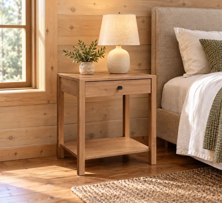 Willowbank One-Drawer Open-Shelf Nightstand in a cabin