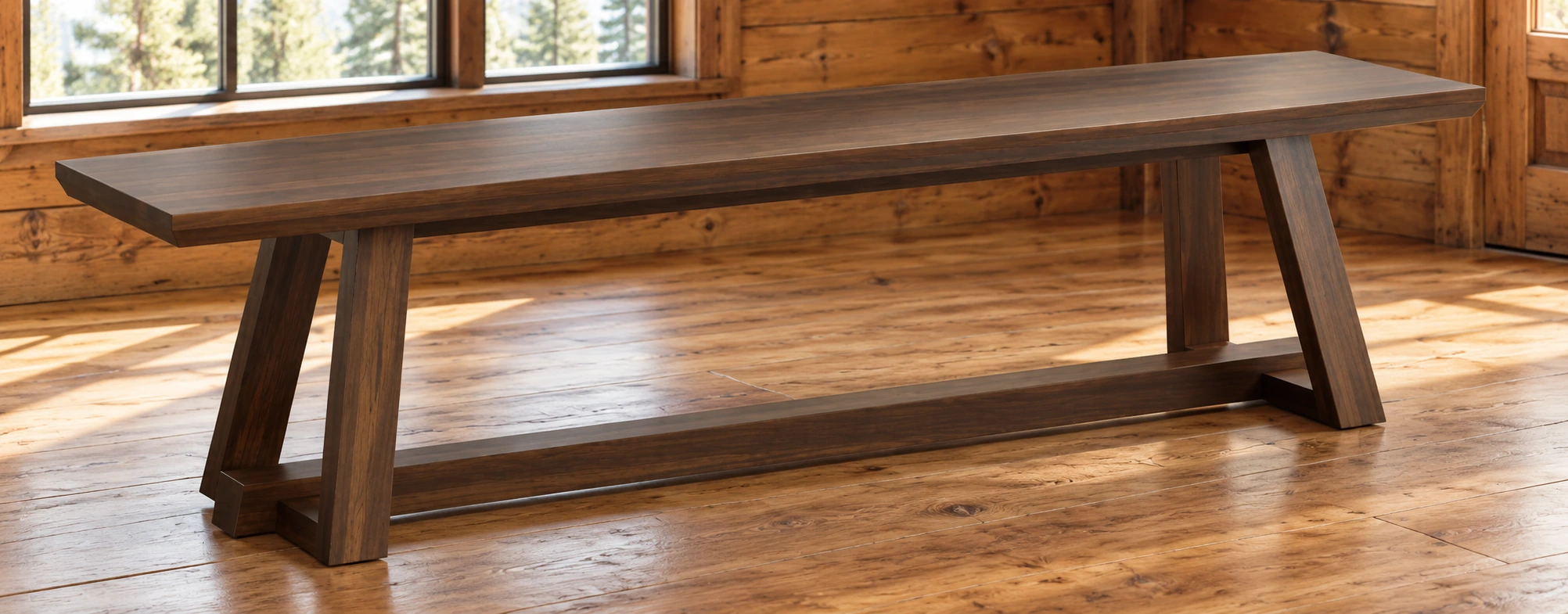 Canyon Brook Trestle Dining Bench in a cabin