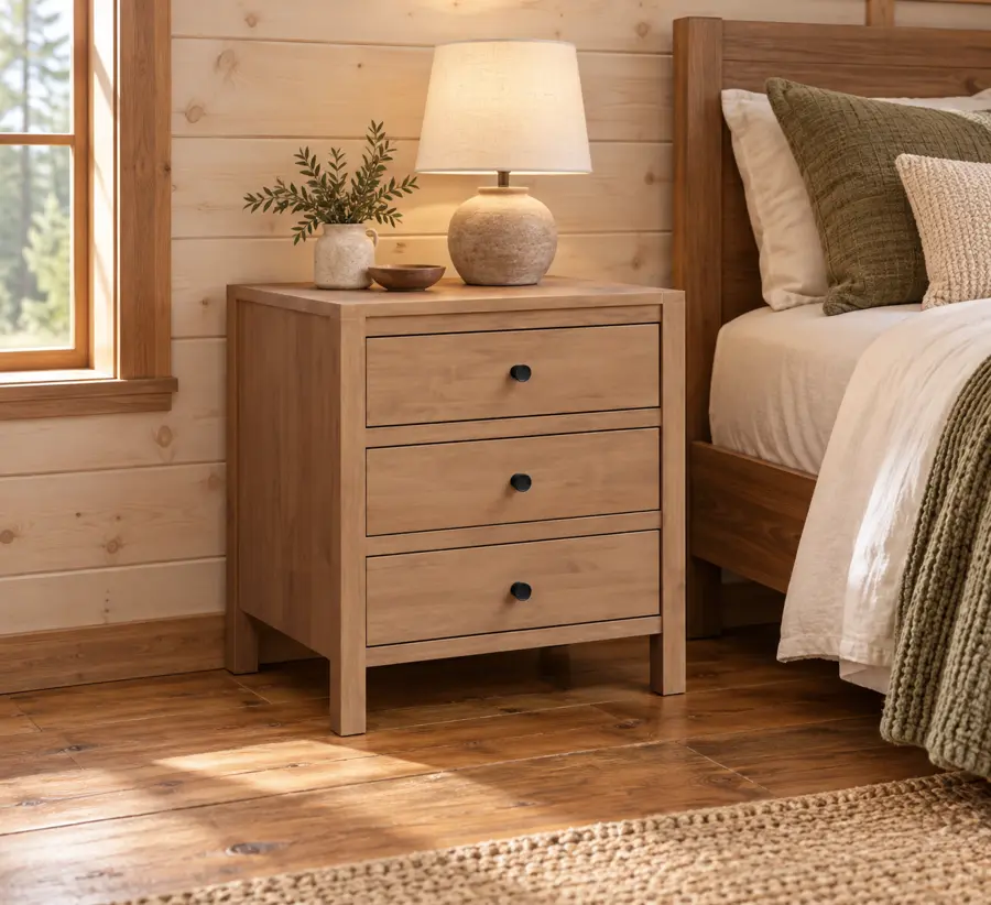 Willowbank Three-Drawer Nightstand in a cabin