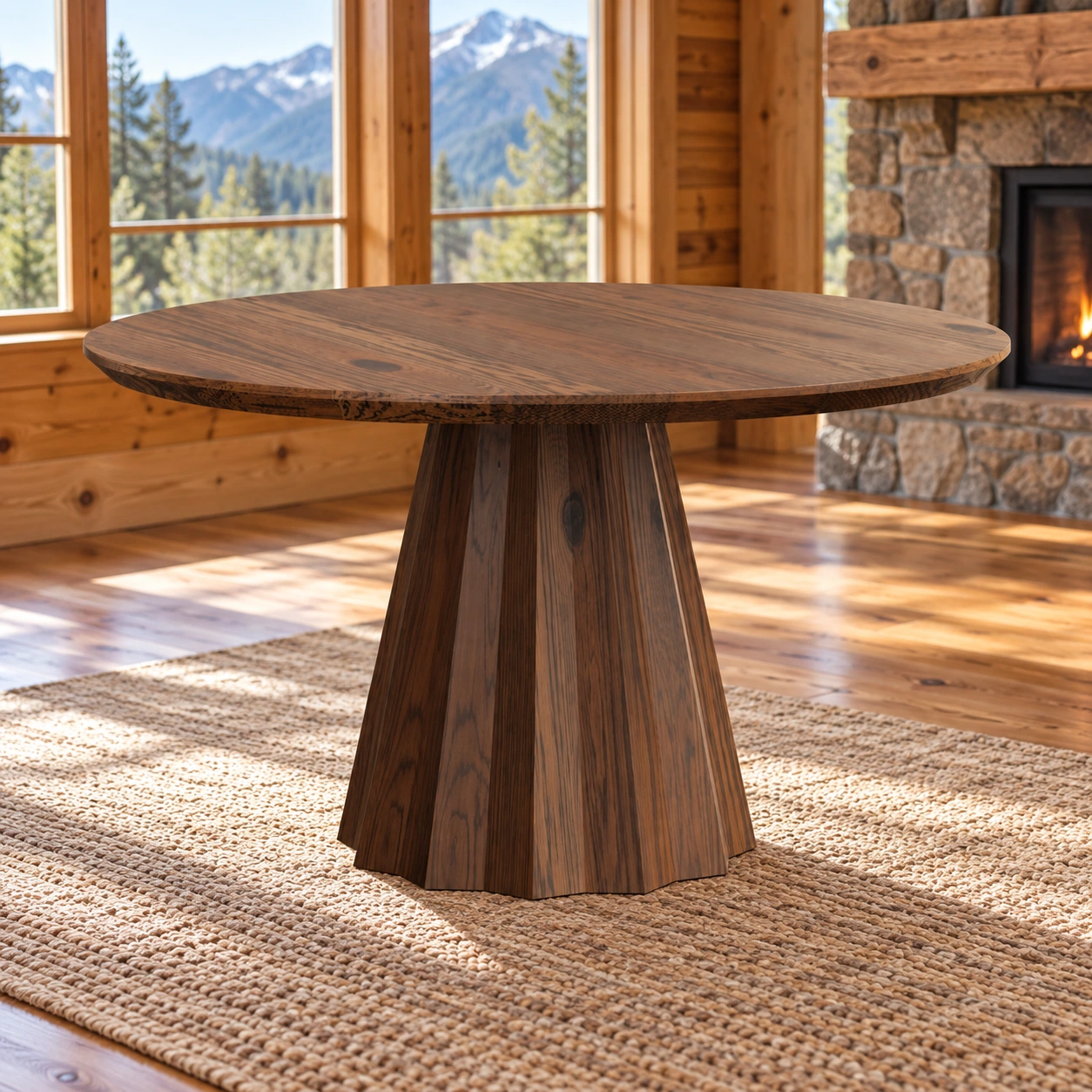 Summit Grove Round Pedestal Dining Table in a cabin