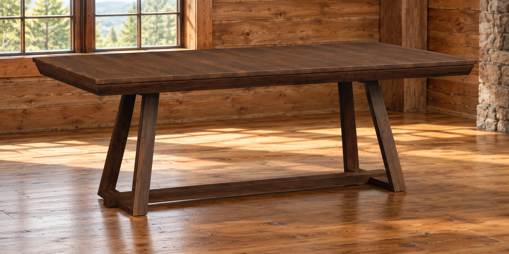 Canyon Brook Trestle Dining Table in a cabin