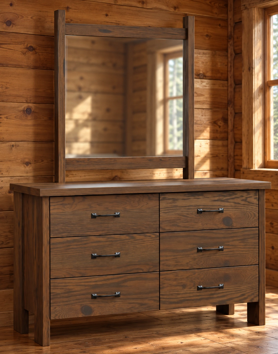 Prairie Crest Six-Drawer Dresser in a cabin