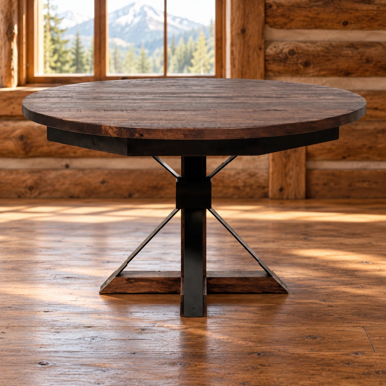 Ironwood Hollow Round Braced-Pedestal Dining Table in a cabin