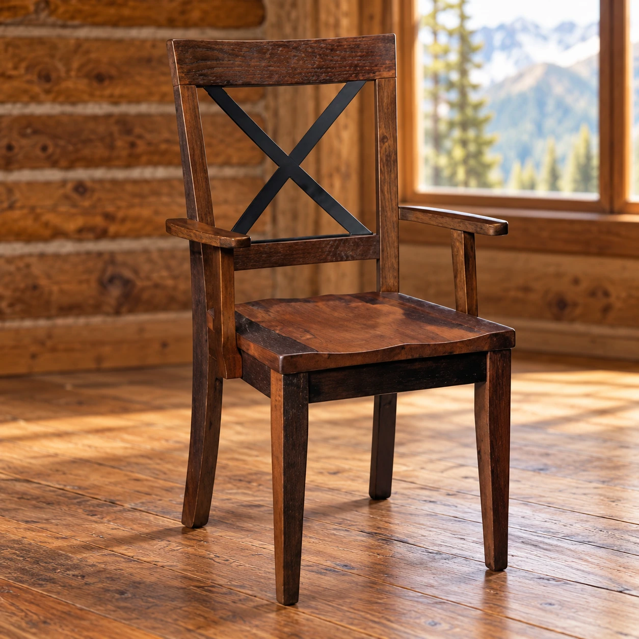 Ironwood Hollow Metal-Trim Arm Dining Chair in a cabin