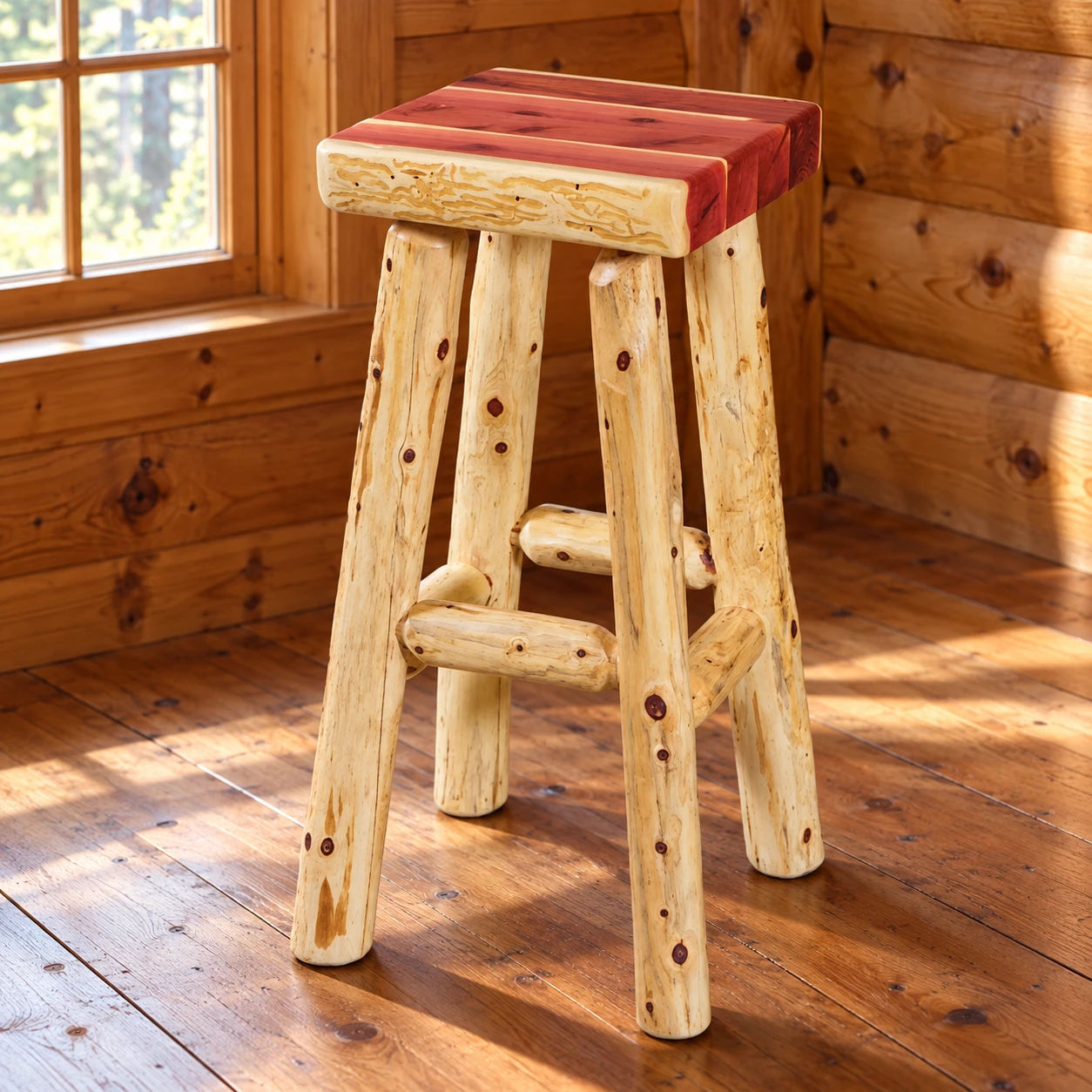 Timber Hollow Red Cedar Square-Seat Bar Stool in a cabin dining