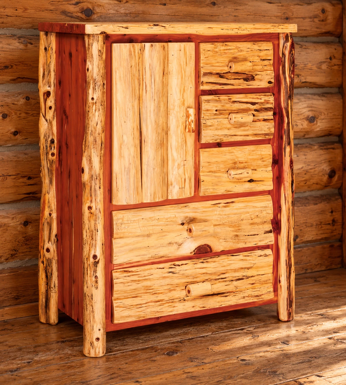 Timber Hollow Red Cedar Five-Drawer Armoire in a cabin bedroom