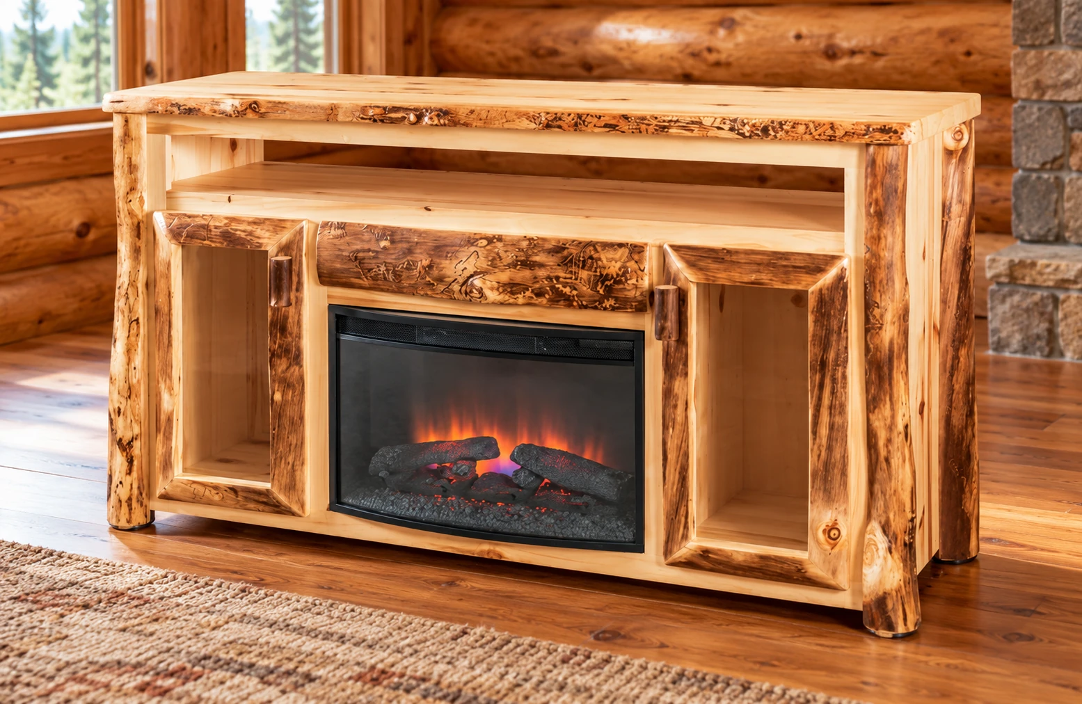 Timber Hollow Aspen Media-Shelf Fireplace Cabinet in a cabin living room