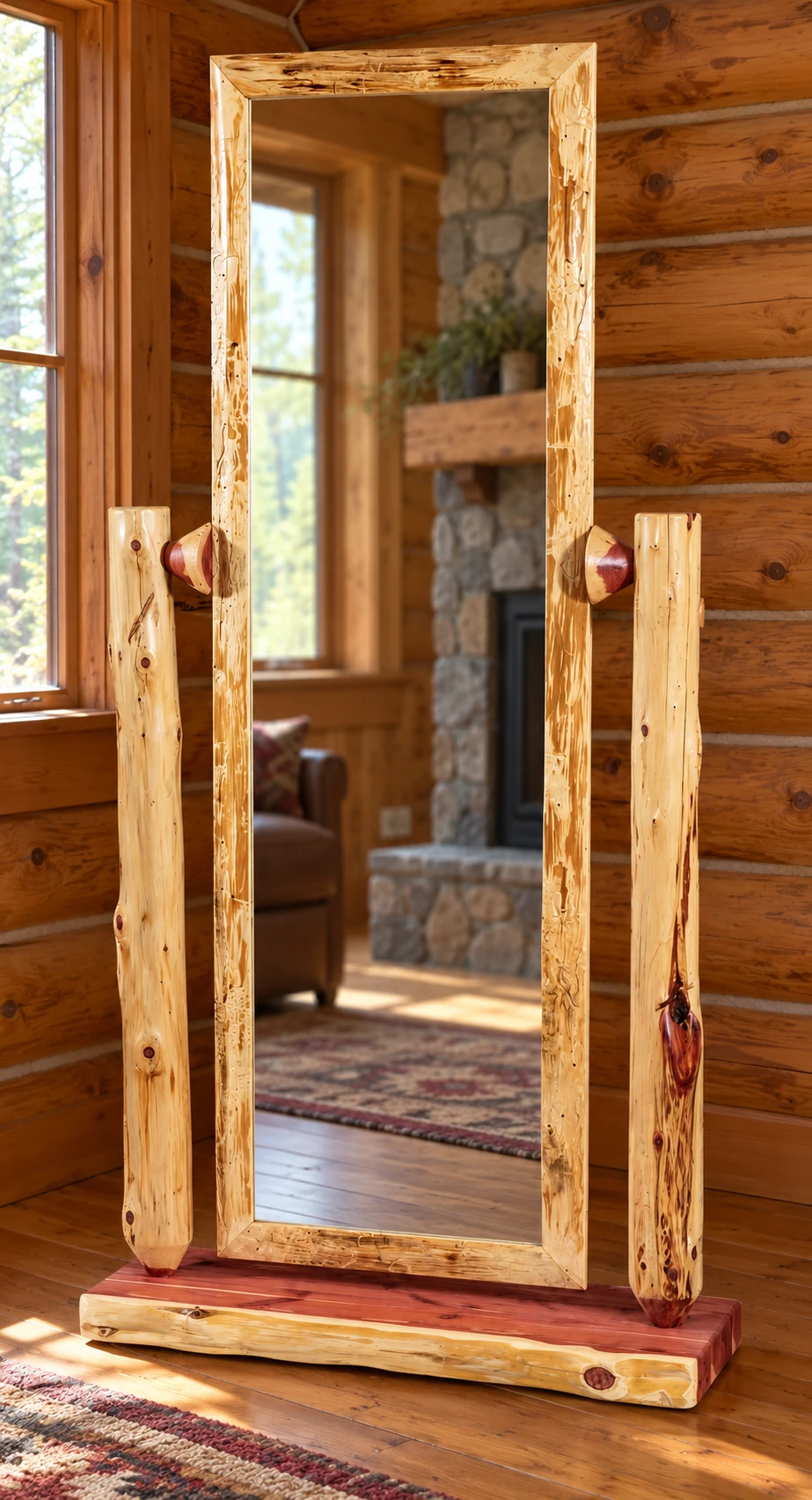 Timber Hollow Red Cedar Pivoting Floor Mirror in a cabin living room