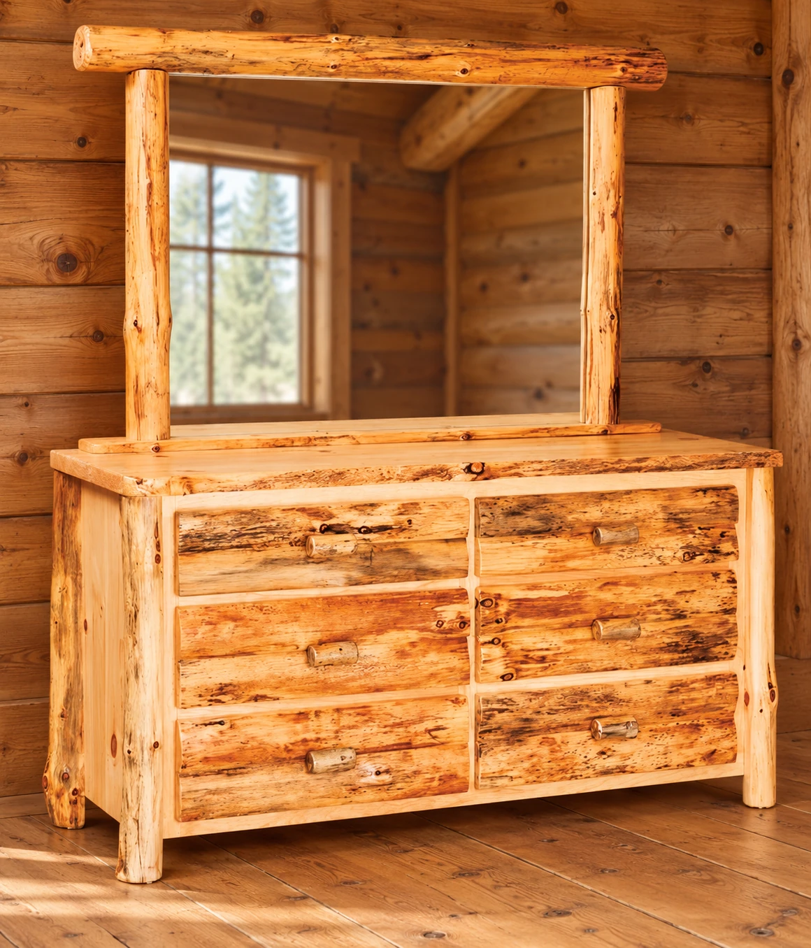 Timber Hollow Rustic Pine Six-Drawer Dresser with Mirror in a cabin bedroom