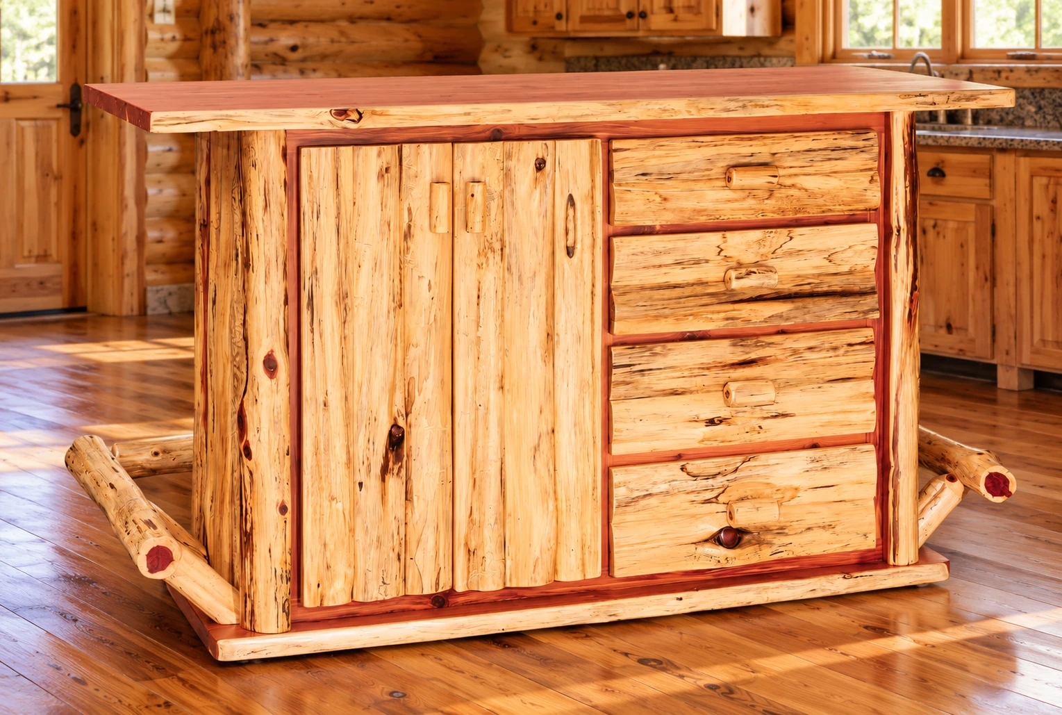 Timber Hollow Red Cedar Four-Drawer Kitchen Bar in a cabin dining room