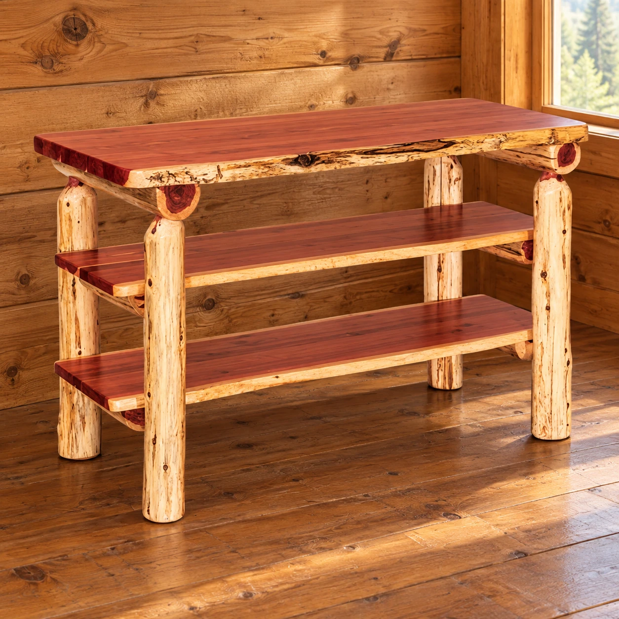 Timber Hollow Red Cedar Two-Shelf Sofa Table in a cabin living