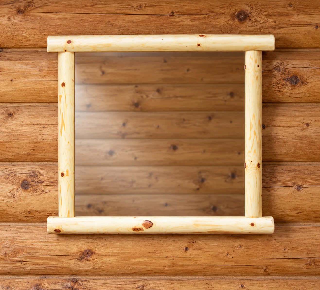 Timber Hollow Plain Pine Square Log-Frame Mirror in a cabin bedroom