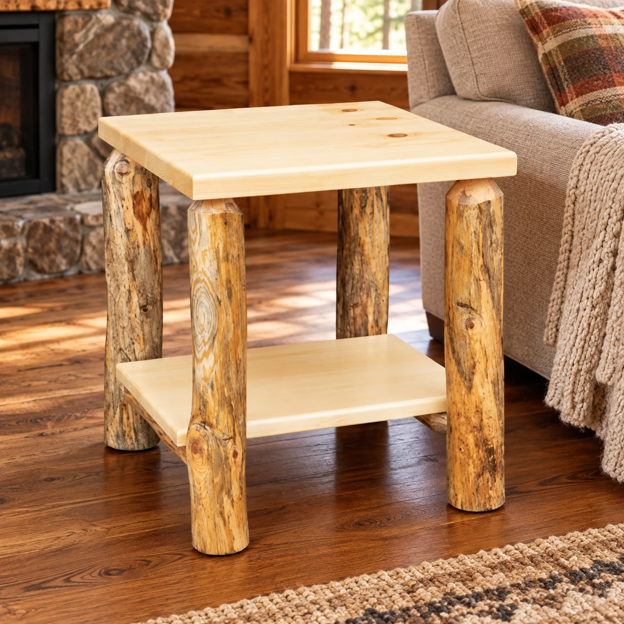 Timber Hollow Rustic Pine End Table with Shelf in a cabin living room