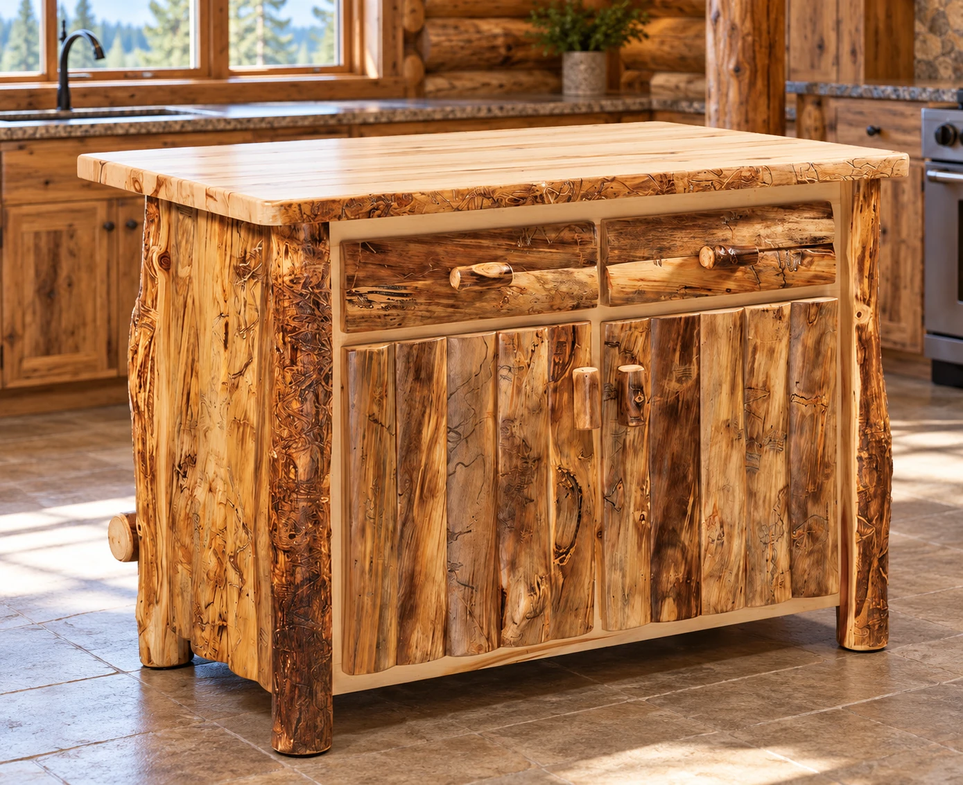 Timber Hollow Aspen Rollout-Storage Kitchen Island in a cabin dining room