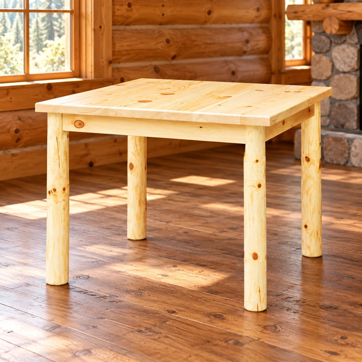 Timber Hollow Plain Pine Square Log-Leg Dining Table in a cabin dining room