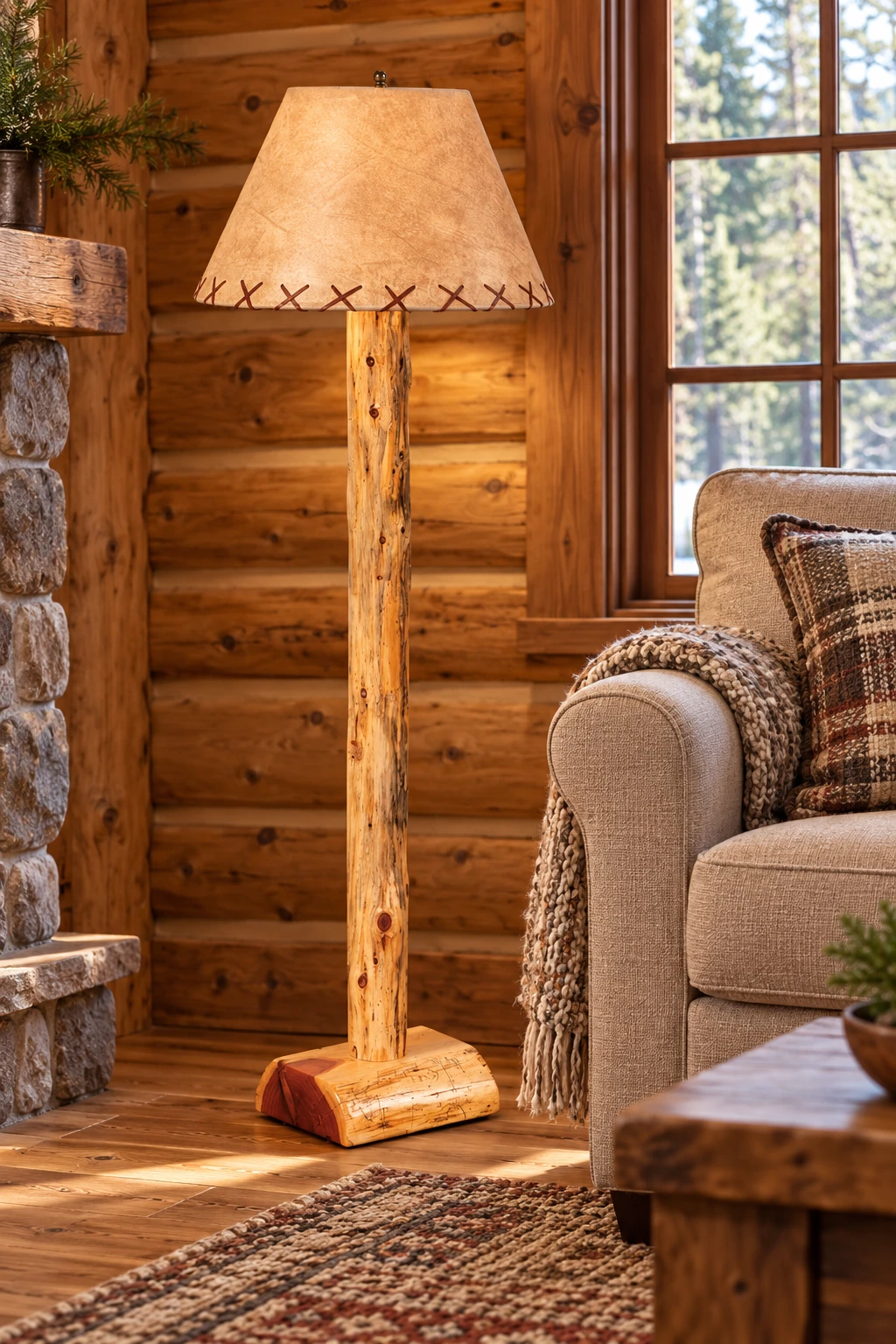 Timber Hollow Red Cedar Log Floor Lamp in a cabin living room