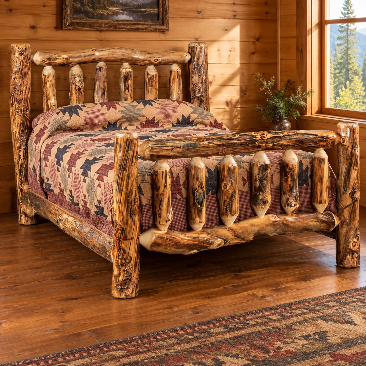 Timber Hollow Aspen Spindle Bed in a cabin bedroom