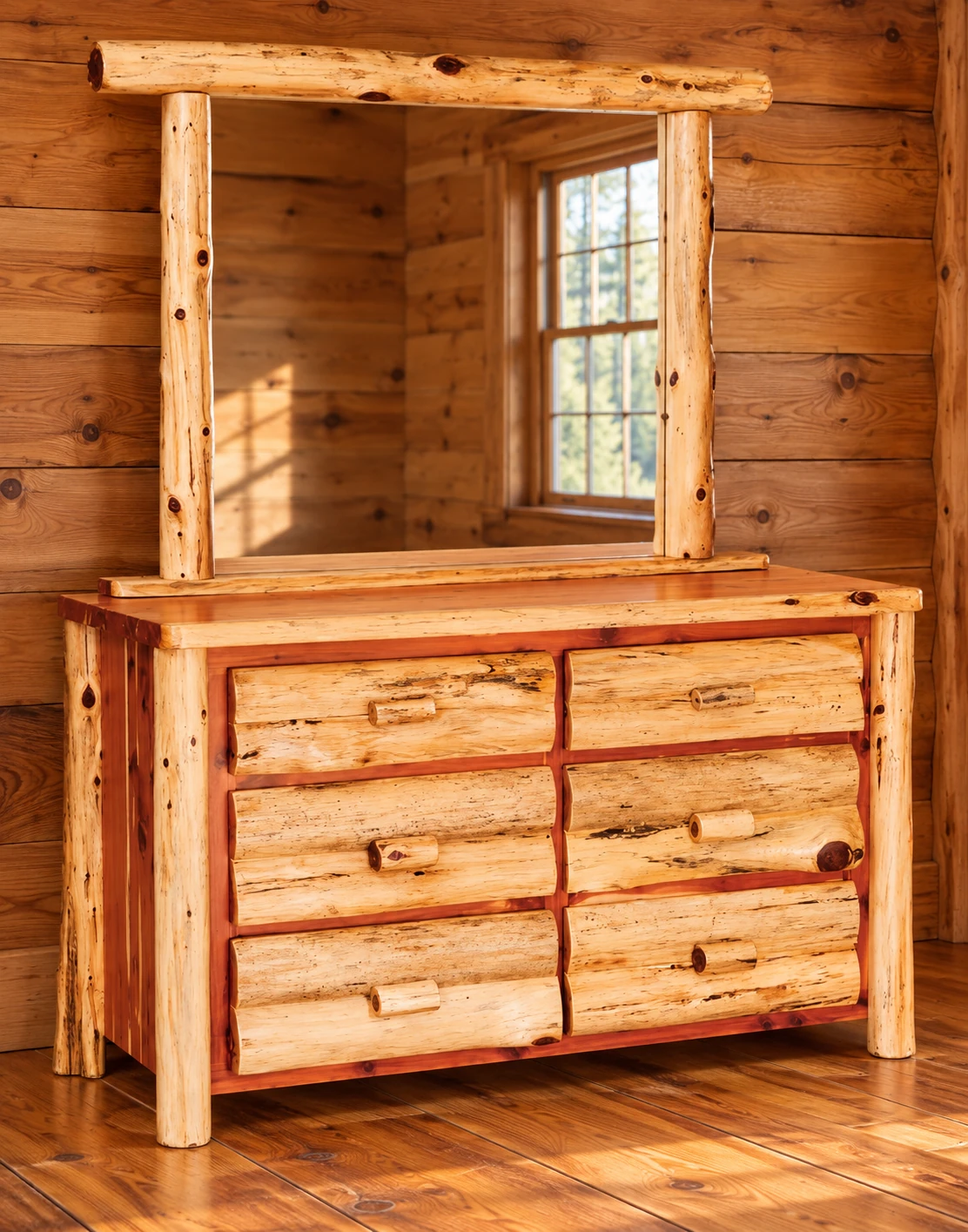 Timber Hollow Red Cedar Small Six-Drawer Dresser with Mirror in a cabin bedroom