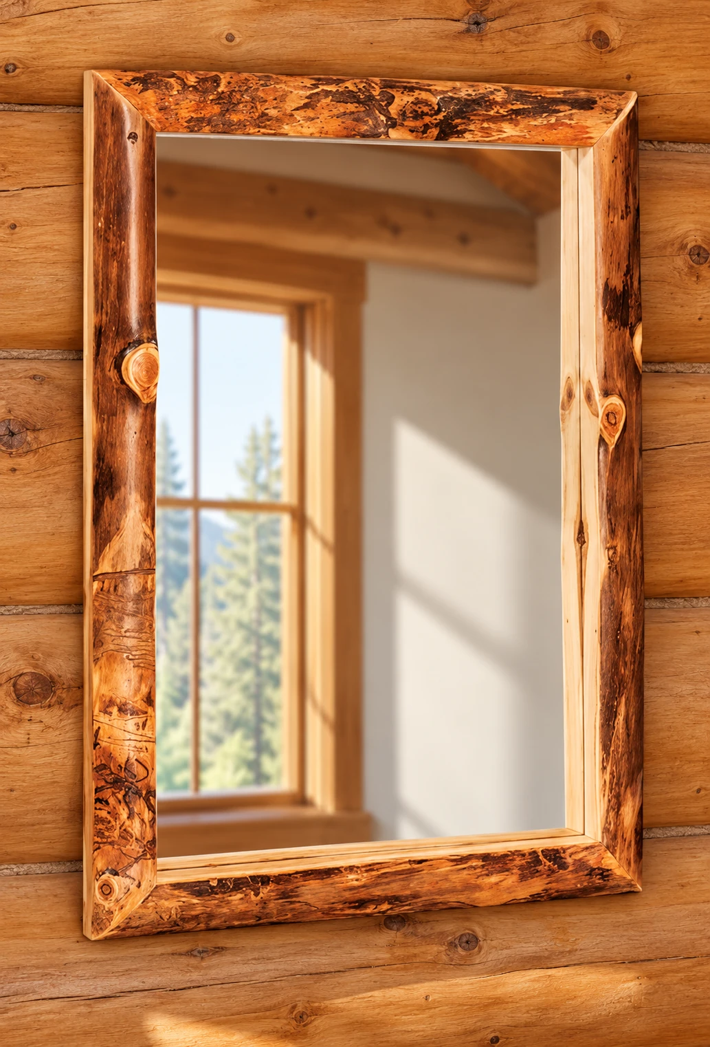 Timber Hollow Aspen Figured-Frame Wall Mirror in a cabin living room