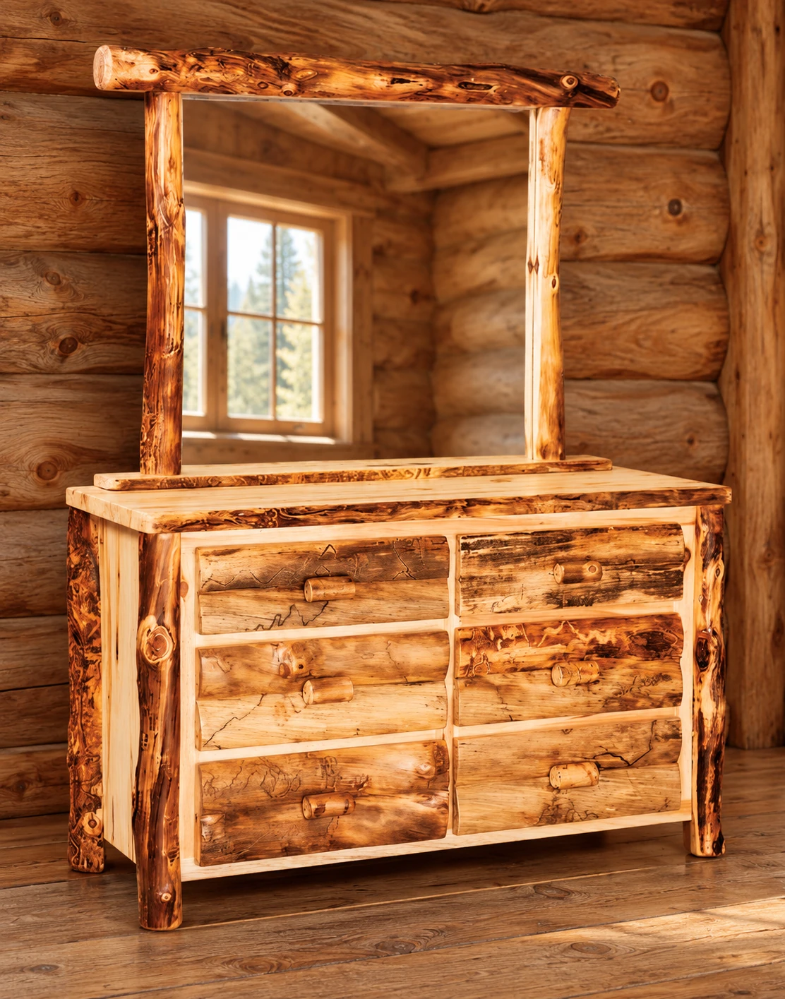 Timber Hollow Aspen Small Six-Drawer Dresser with Mirror in a cabin bedroom
