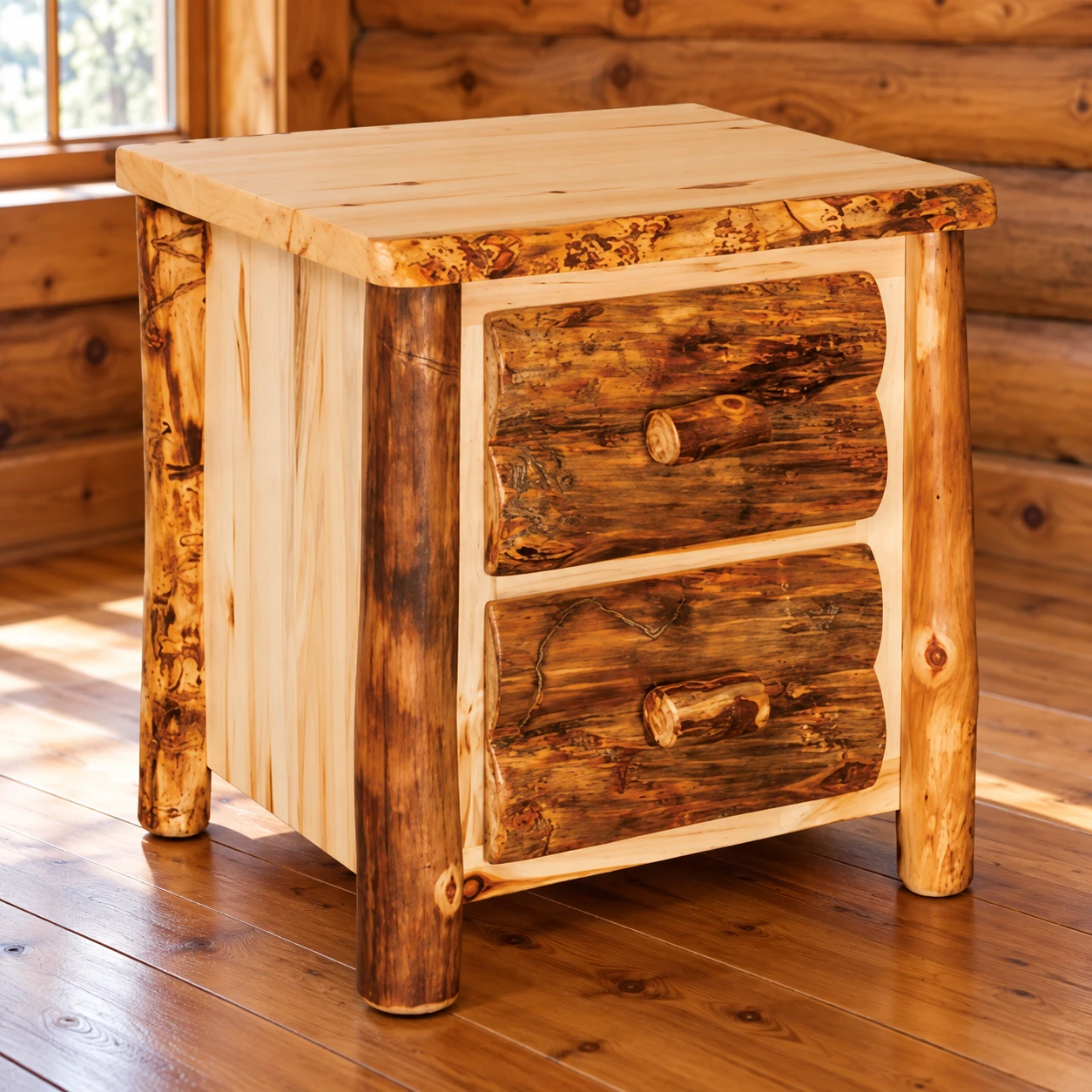 Timber Hollow Aspen Two-Drawer Nightstand in a cabin bedroom