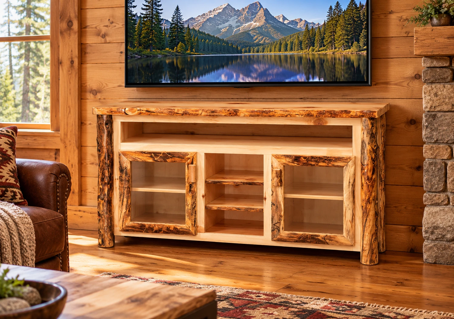 Timber Hollow Aspen Glass-Door Shelf TV Console in a cabin living room