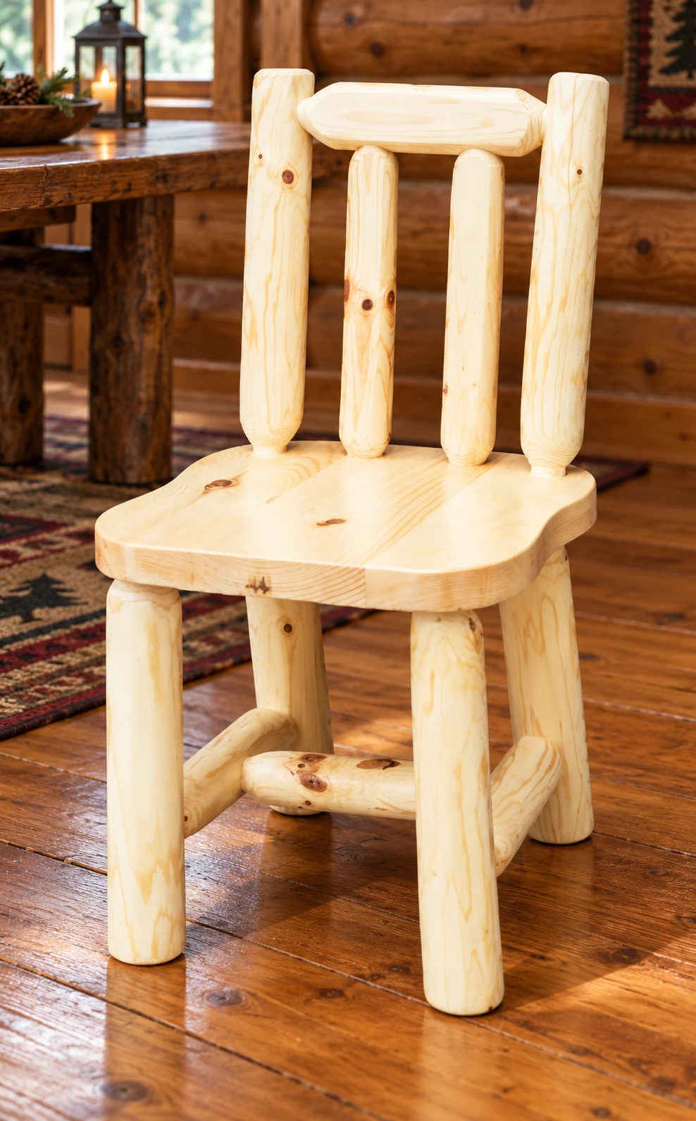 Timber Hollow Plain Pine Spindle Dining Side Chair in a cabin dining room