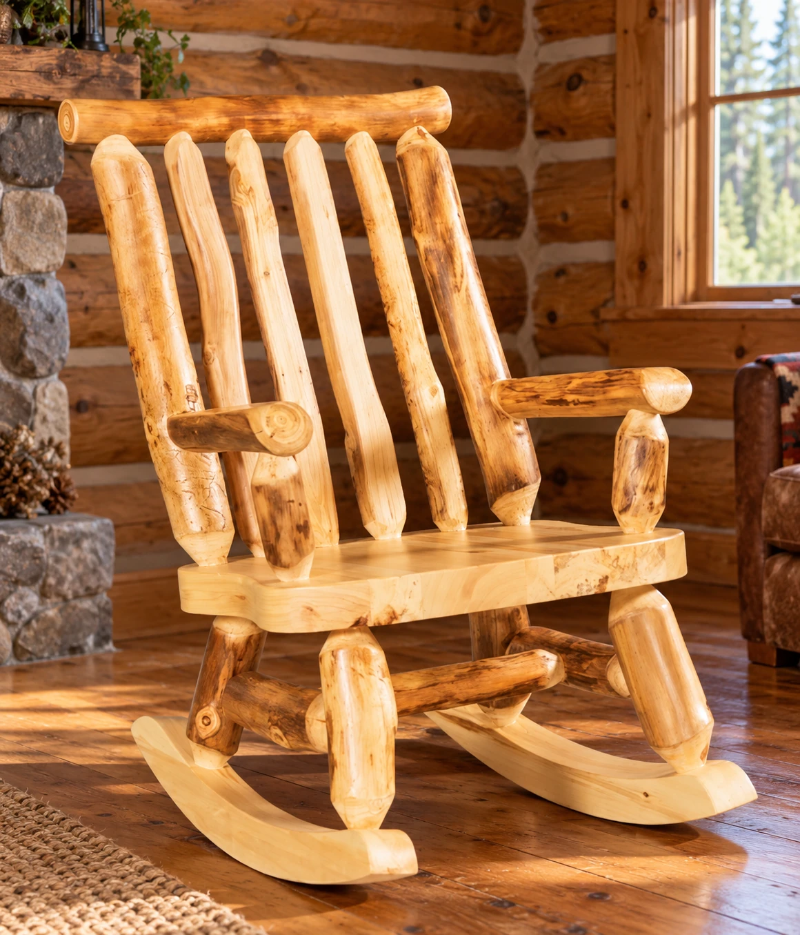 Timber Hollow Aspen Adult Log Rocking Chair in a cabin living room