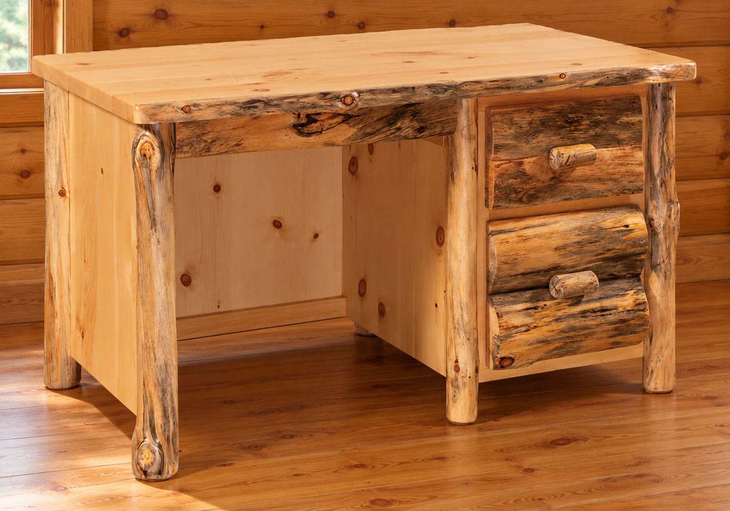Timber Hollow Rustic Pine Single-Pedestal Desk in a cabin office