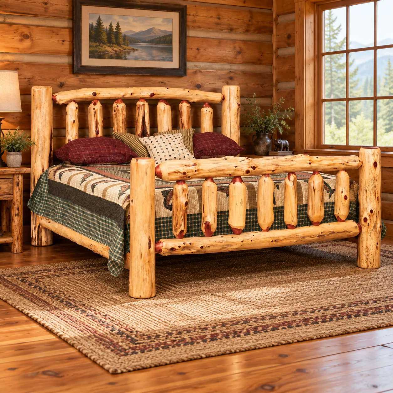 Timber Hollow Red Cedar Spindle Bed in a cabin bedroom