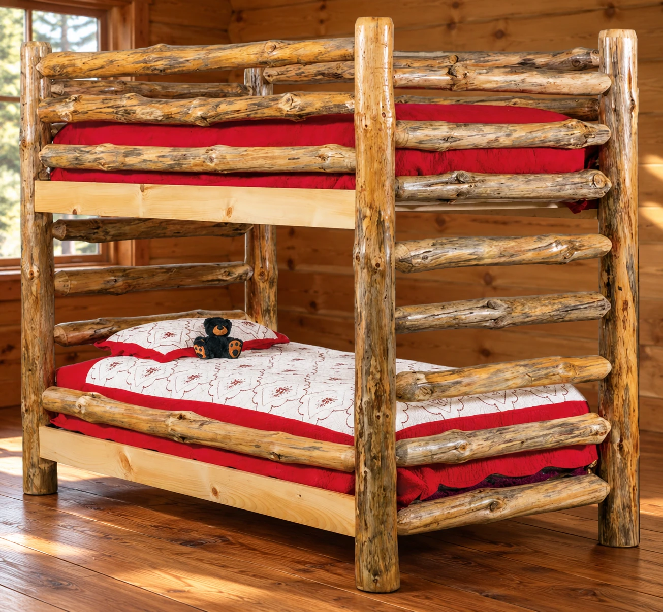 Timber Hollow Rustic Pine Twin-over-Twin Flat-Rail Bunk Bed in a cabin bedroom