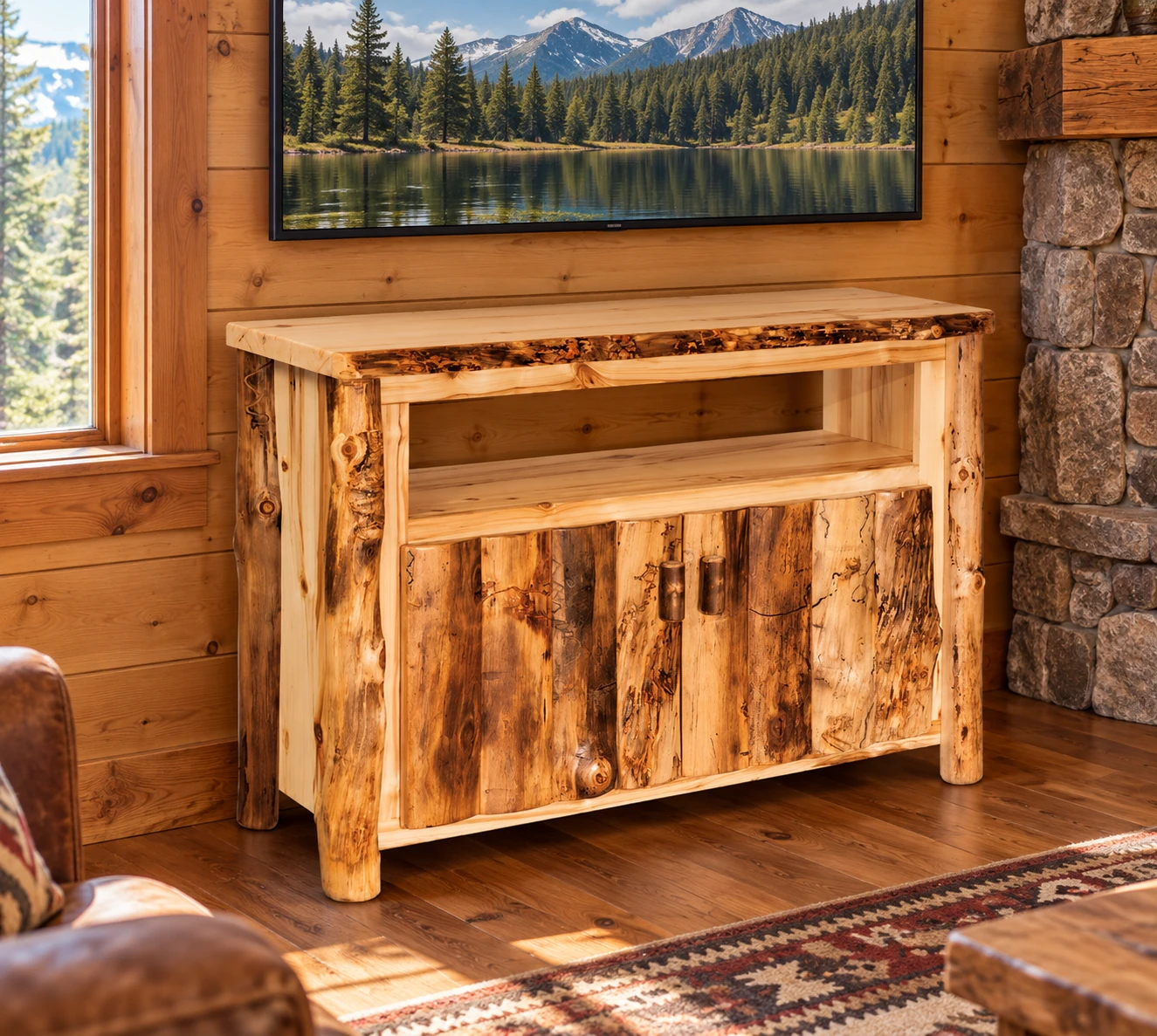 Timber Hollow Aspen Open-Shelf TV Console in a cabin living room
